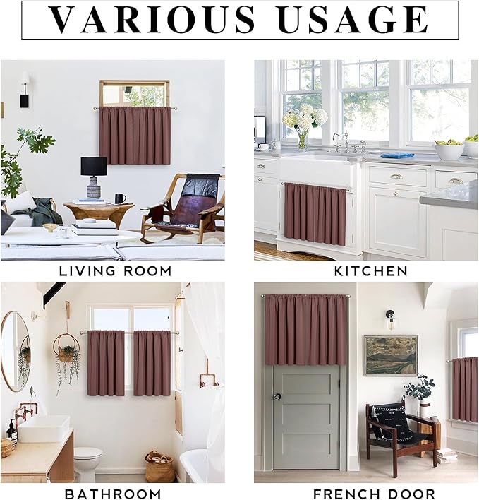 RYB HOME Small Curtains Blackout - Privacy Energy Efficiency Mini Curtains for Kids Bedroom RV Camper Windows Trailer Bathroom Kitchen Cabinet Window Tiers, W 42 x L 30, Chocolate Brown, 2 Pcs