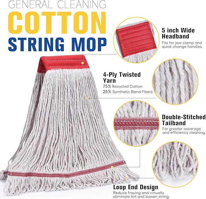 Matthew Cleaning Commercial Mop Head Replacement, 5 Inch Wide Headband, Looped End Cotton Blend String Wet Mops for Floor Cleaning, 18 oz Medium, 1-Pack White