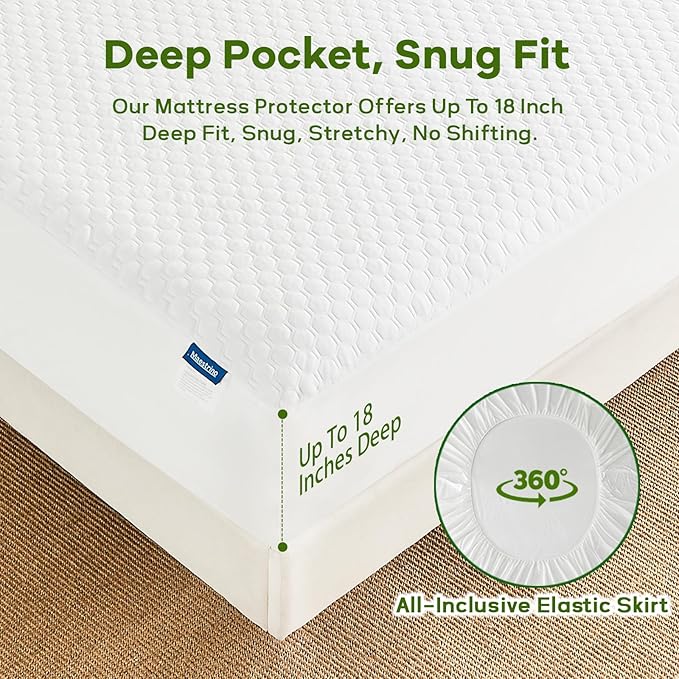 Premium Tencel Full Size Mattress Protector Cover in White, Natural and Skin Soft, Waterproof and Fully Fitted Deep Pocket, Hypoallergenic, Breathable, Noiseless and Absorbent