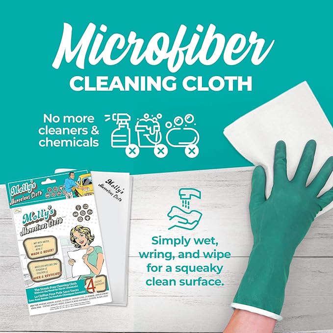 Molly's Marvelous Cloth, Streak-Free, Lint-Free Microfiber Cleaning Cloth, Polishing Cloth for Glass, Stainless Steel, Use for Kitchen, Bath, Cars, Detailing, Reusable (17" by 16") (4pk, White)