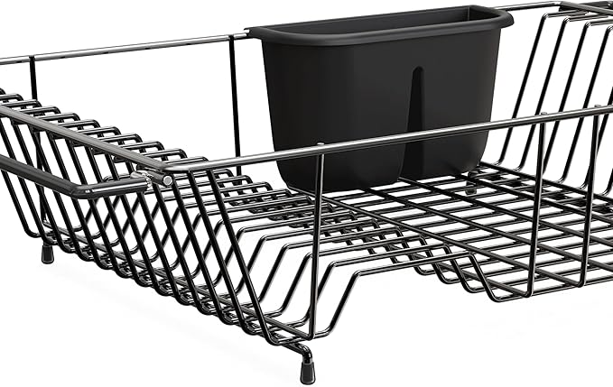 SIMPLE HOUSEWARE Large Over Sink Counter Top Stainless Steel Dish Drainer Drying Rack with Utensil Holder, Black