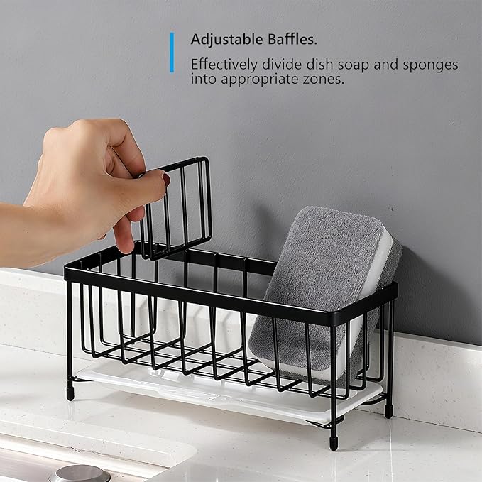Kavciva Sink Caddy Sponge Holder,304 Stainless Steel Dish Brush Holder,Kitchen Countertop Sink Rack,Dish Soap Holder,Dishwashing Tool Drying Tray with Adjustable Partitions,Essential Kitchen Shelves