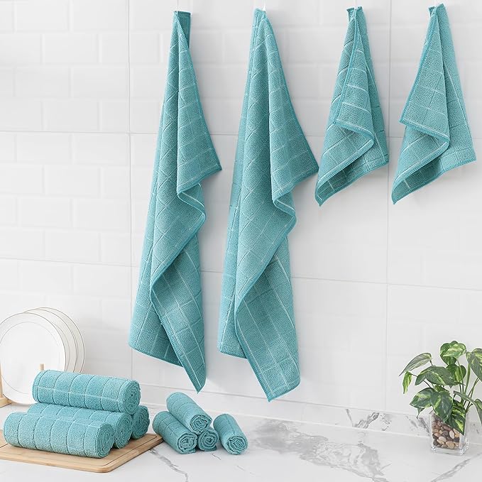 Homaxy Microfiber Kitchen Towels and Dishcloths Set, 12 Pack Soft and Absorbent Dish Hand Towels Bulk, 28 x 16 Inch & 12 x 12 Inch Quick Drying Rags for Washing Dishes, Lake Blue