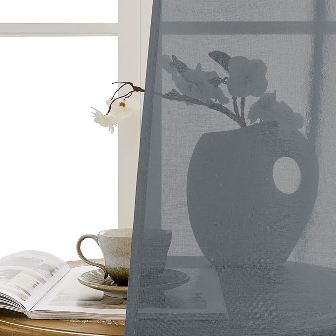 Tollpiz Short Sheer Door Curtains Closet Linen Textured Curtains Sheer Doorway Light Filtering Voile Patio Glass Door Rod Pocket Curtain French Door, 54 x 40 inches Long, Dark Grey, Set of 1 Panel