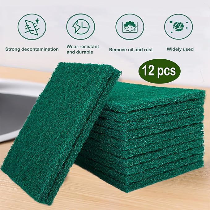 12 Pcs/Pack Green Heavy Duty Scouring Pads Reusable Household ScrubPads for Kitchen and Dish Cleaning Tool