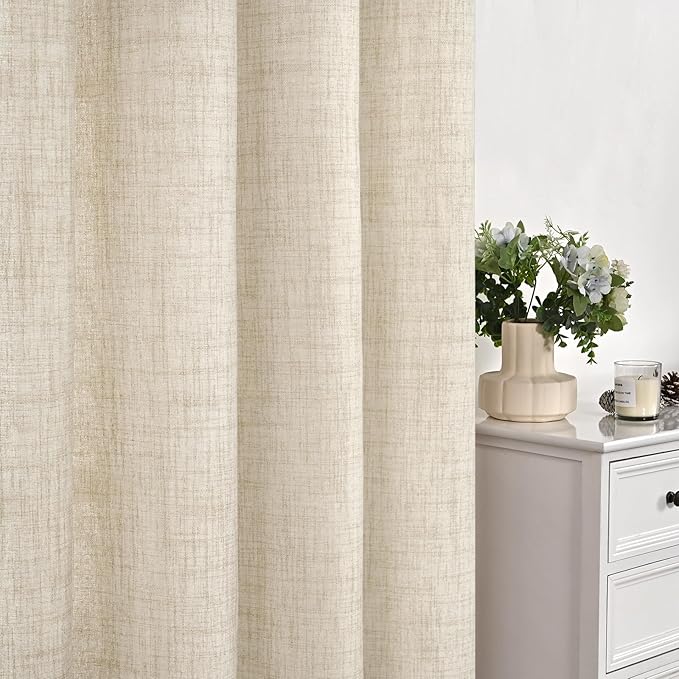 YoungsTex Linen Curtains 48 Inch Length for Kitchen, Semi Sheer Cream Window Drapes with Rod Pocket Back Tab Light Filtering Textured for Living Room Bedroom Bathroom, 2 Panels, 42 X 48 Inch