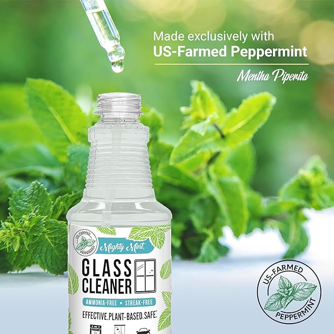 Mighty Mint Glass Cleaner, Ammonia-Free, Streak-Free Spray for Windows, Screens, Stovetop, Bathroom, Natural Peppermint Scent, 16oz (Pack of 2)