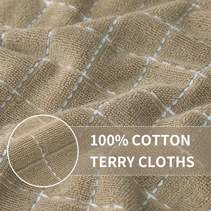 Homaxy 100% Cotton Terry Kitchen Towels(Tan, 13 x 28 inches), Checkered Designed, Soft and Super Absorbent Dish Towels, 4 Pack