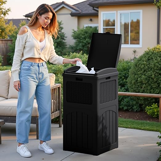 Flamaker 30 Gallon Trash Can, Resin Outdoor Garbage Can with Lid, Waterproof Hideaway Patio Waste Bins for Outside Use (2 Pack, Black)