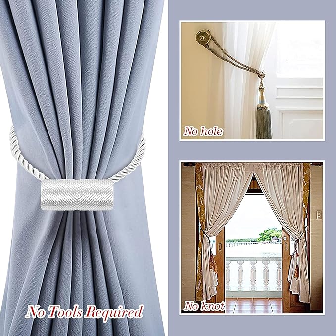 Hion Magnetic Curtain Tiebacks White 2pcs, Curtain Tiebacks Buckles Holdbacks Holders Hooks Clip for Home Bedroom Office Decorative Curtain