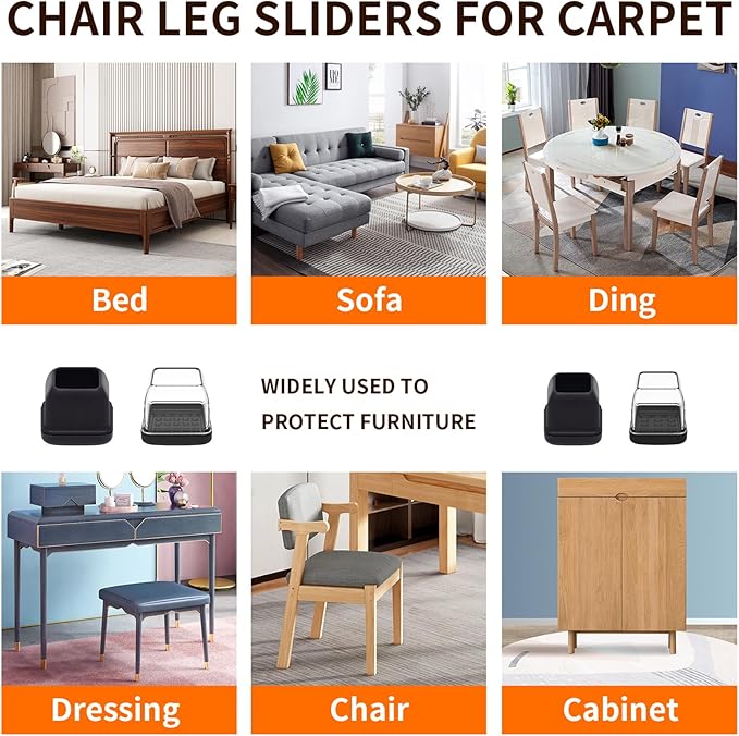Ezprotekt 24 Pcs Clear Chair Leg Sliders for Carpet, Square Chair Glides for Rug, Teflon Furniture Pads Leg Protectors Caps - for Dining Table, Bar Stool, End Table Legs (L Fit:1" - 1.4")