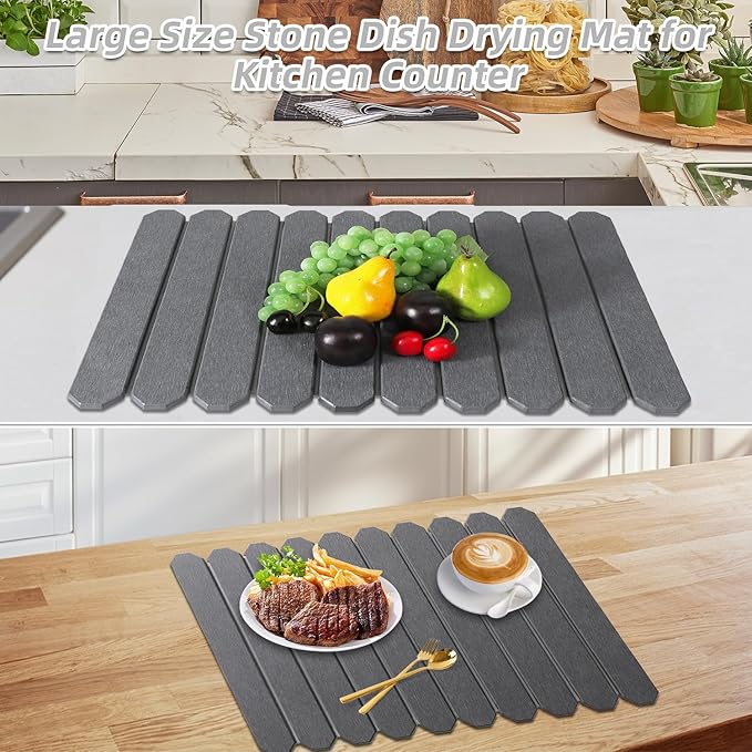 Large Stone Drying Mat for Kitchen Counter - 24"x16" Quick Dry Dish Drying Mat for Cups Dishes Bottles - Absorbent Non-Slip Diatomaceous Earth Mats (Dark Grey)