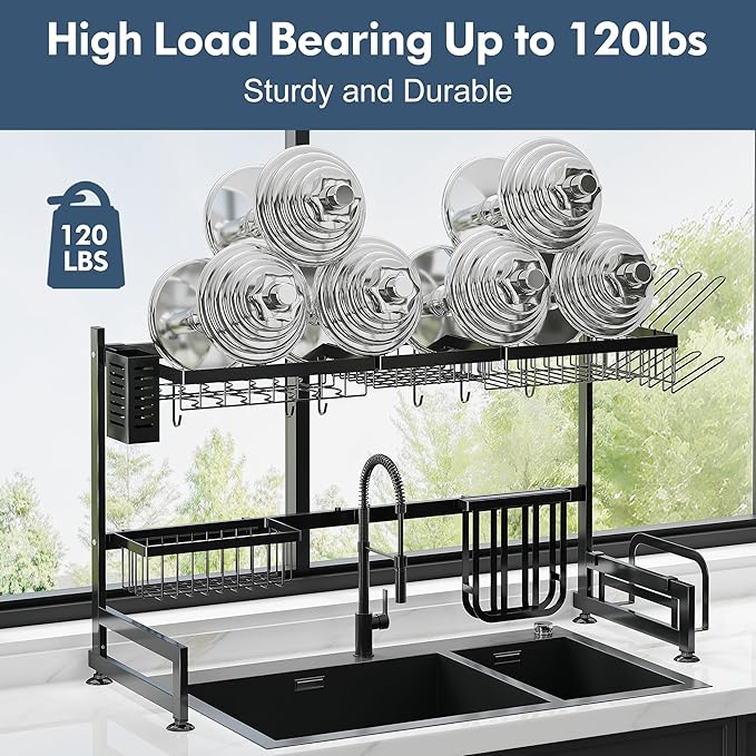 2 Tier Extra Large Stainless Steel Expandable Over The Sink Dish Drainer Drying Rack, Rust Proof Metal, Space Saving, Modern Black Big Capacity Extendable Plate Strainers Above Kitchen Counter