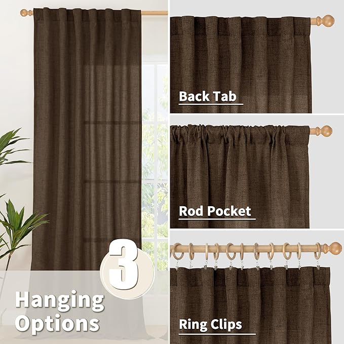 YoungsTex Brown Linen Curtains 84 Inch Length for Living Room, Chocolate Semi Sheer Drapes with Back Tab Rod Pocket Light Filteringfor Bedroom Dining Farmhouse, 2 Panel, 52 X 84 Inch