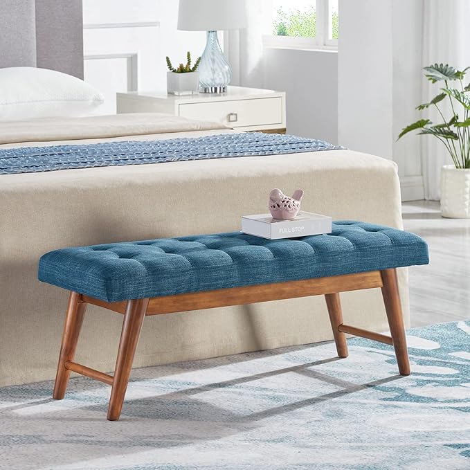 Amazon Basics Modern Haraden Upholstered Button-Tufted Bench, Blue, 16 x 44 x 17 in (Previously Rivet brand)
