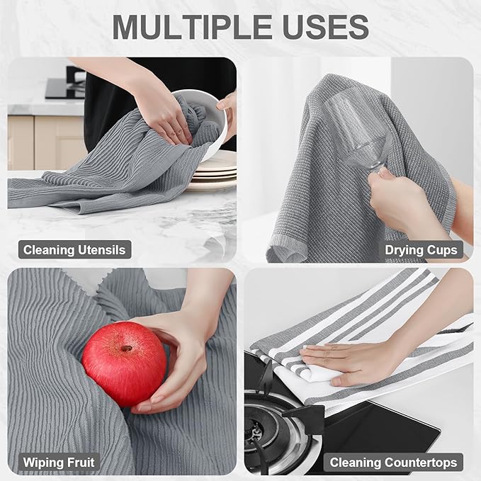 Homaxy Premium Kitchen Towels(18”x 28”, 3 Pack), Large Cotton 380 GSM Kitchen Hand Towels, Soft and Absorbent Terry Dish Towels, Multipurpose Tea Towel Set with Hanging Loop, Grey