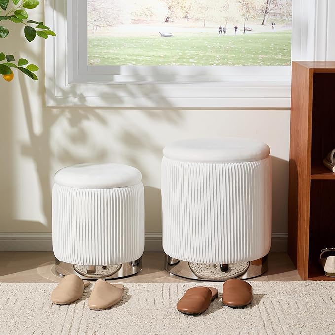 Royal Windsor Round Ottoman with Storage Set of 2, Vanity Stool with Storage for Bedroom, Ottoman Coffee Table Silver-Tone Ring Around The Base, Small Velvet Foot Stool for Living Room, White