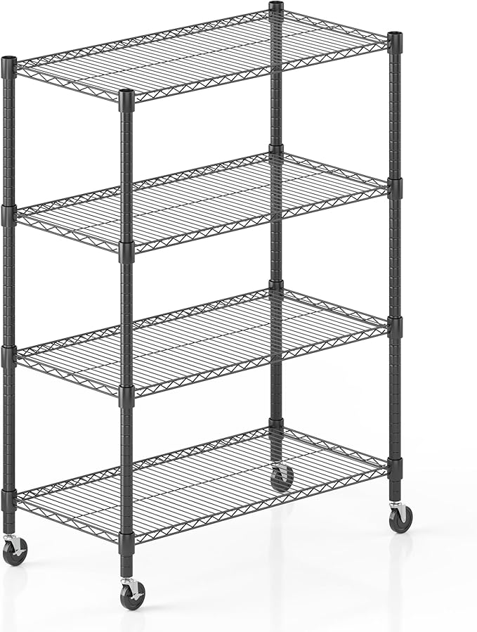 Himimi 18" D×36" W×72" H Storage Shelves with Wheels Metal Wire Shelving Unit 4 Tier Adjustable Shelving Heavy Duty Garage Shelf Organizer Rack Loads 1600LBS，Black