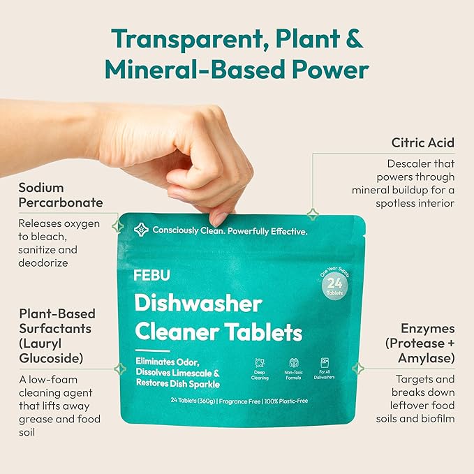 FEBU Dishwasher Cleaner Tablets Made in USA | Natural Dishwasher Cleaner and Deodorizer | Eliminates Grease & Grime | 8 Natural, Biodegradable, Plant-Based Ingredients | 24 Tablets - 12 Month Supply