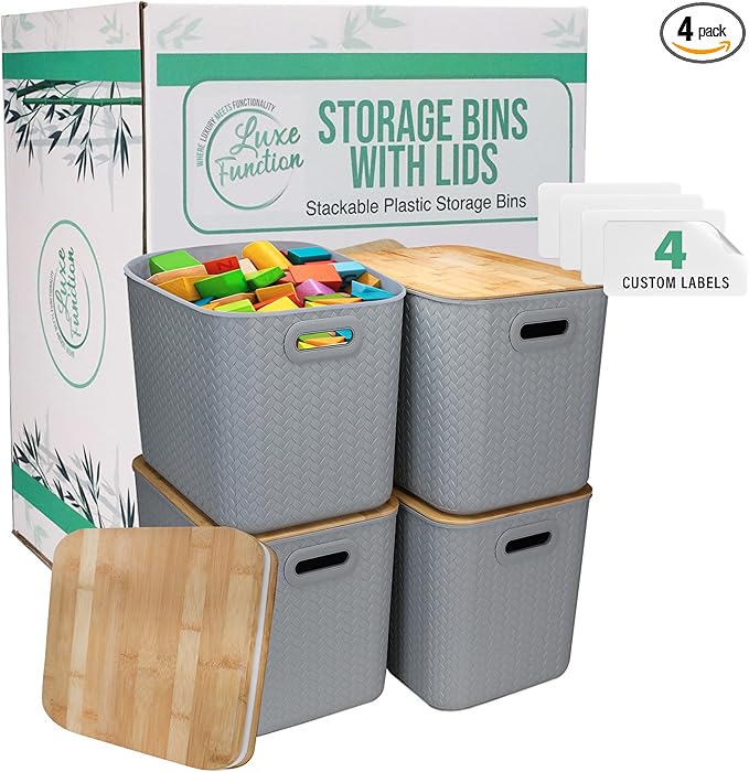 Storage Bins with Bamboo Lid – Stackable, Multi-Purpose Organizers for Pantry, Closet, Kitchen, and Home – Elegant Wicker-Style Design with Ergonomic Handles (Grey)