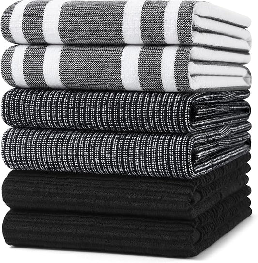Homaxy Premium Kitchen Towels(18”x 28”, 6 Pack), Large Cotton 380 GSM Kitchen Hand Towels, Soft and Absorbent Terry Dish Towels, Multipurpose Tea Towel Set with Hanging Loop, Black