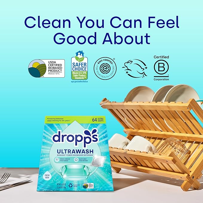 Dropps UltraWash Dishwasher Pods, Fresh Rain (64 Count) - Biobased Power Deep Clean Dishwasher Detergent Tablets for Sparkling Shiny Dishes - No Rinse Aid or Pre-Wash Needed - Dishwashing Pods