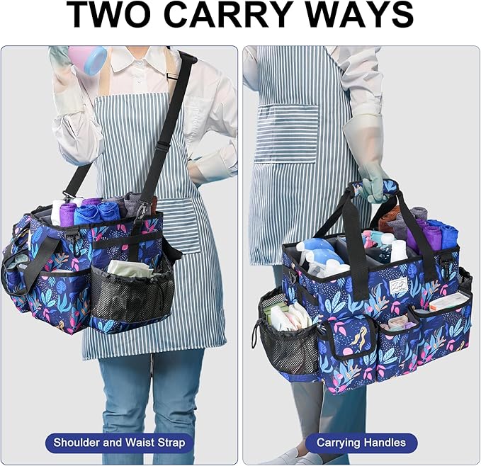 Cleaning Organizer, Large Caddy Bag for Supplies, Housekeeper's Bag with Handle (Blue Leaf)