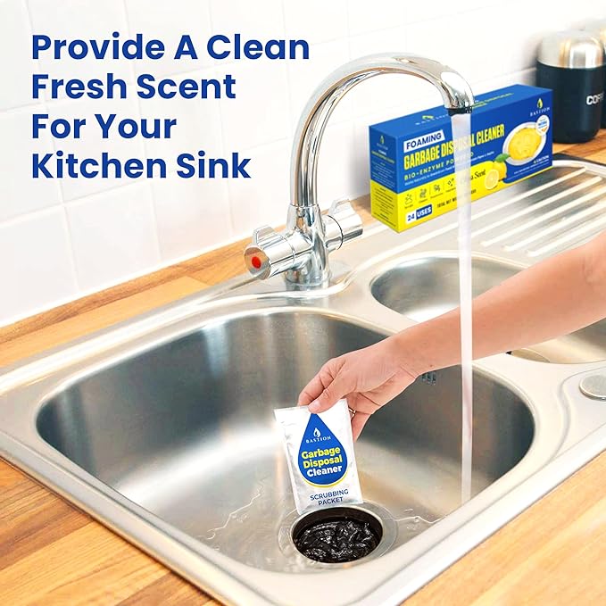 Garbage Disposal Cleaner and Deodorizer - 24-Count (1-Year Supply) Foaming Lemon Scented Kitchen Sink Freshener Pods & Drain Odor Eliminator Disposer Care by Bastion