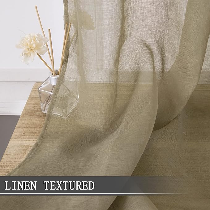 Tollpiz Short Sheer Curtain Linen Textured Living Room Curtains Sheer Light Filtering Rod Pocket Voile Curtain for Bedroom, 42 x 54 inches Long, Taos Taupe, Set of 2 Panels