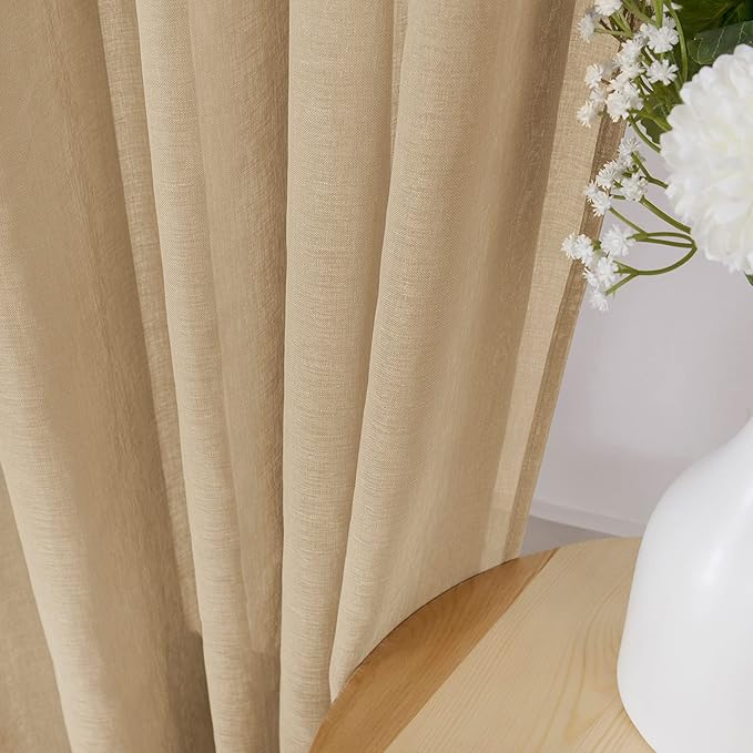 Tollpiz Sheer Curtains Linen Textured Bedroom Curtain Sheers Light Filtering Rod Pocket Voile Curtains for Living Room, 54 x 84 inches Long, Beige, Set of 2 Panels