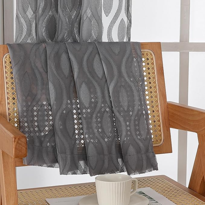 Aiyufeng Grey Sheer Curtains Tiers 36 Inch Length 2 Panels Set, Airy Lightweight Clip Jacquard Small Window Curtains, Modern Wavy Line Textured Voile Sheer Curtains for Small Windows, 40" Wx36 L Inch