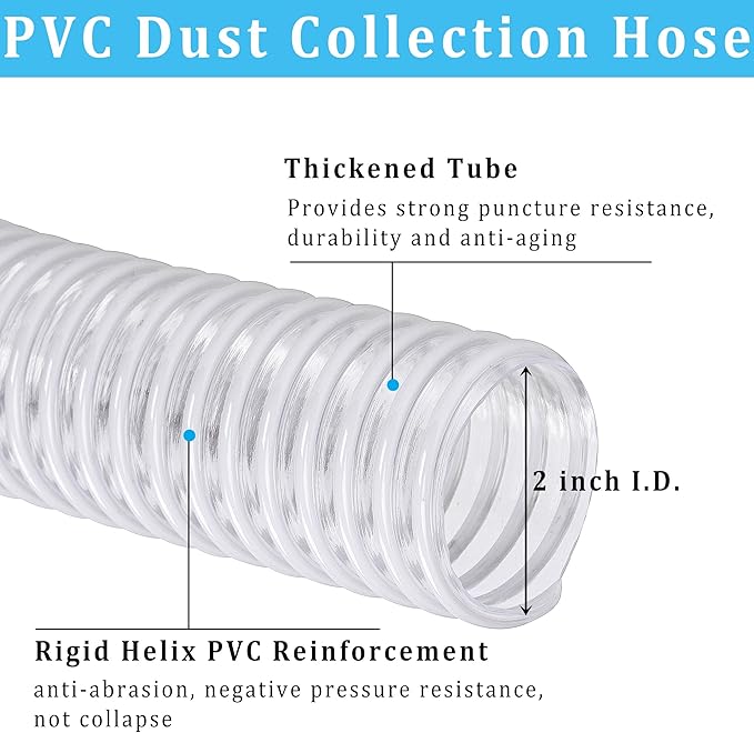 Dust Collection Hose 2 in × 20 ft Heavy Duty Clear Flexible PVC Reinforced Thicken Helix Suction Discharge Corrugated Pipe Hose for Fume Dust Collector Fitting Wood Chip Saw