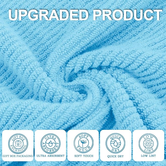 VOOVA & MOVAS Blue Washcloths (6PC, Large 13" x 13") - 100% Cotton | Lightweight | Thick | Quick Dry | Soft | Absorbent, Wash Cloths for Bathroom & Showering, Luxury Face Towel Gift Set, Baby Blue