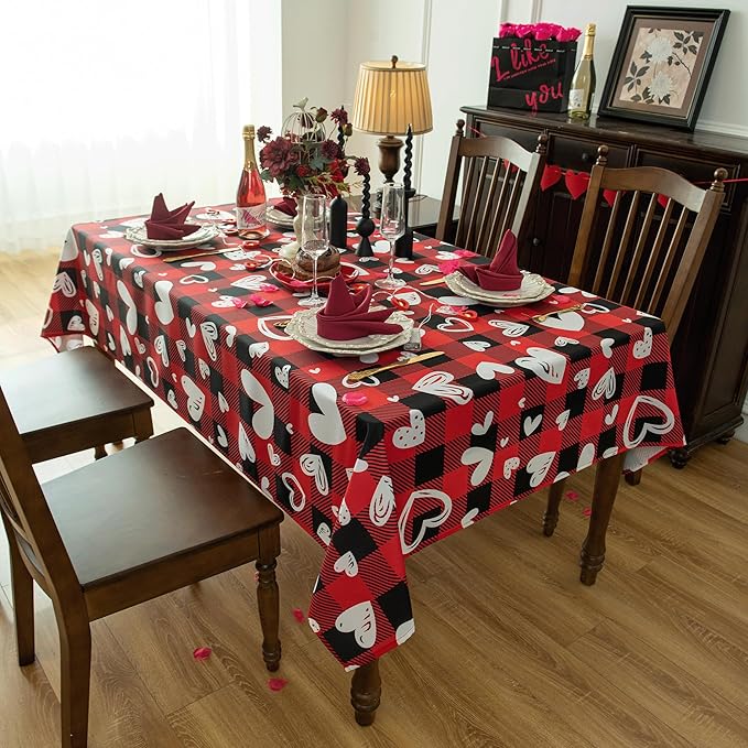 Waterproof Checkered Tablecloth Fabric - Rectangle 58x84 Inch Happy Valentine Table Cloth for Indoor/Outdoor Use - Red Checkered Table Cover for Kitchen, Dinner, and Parties