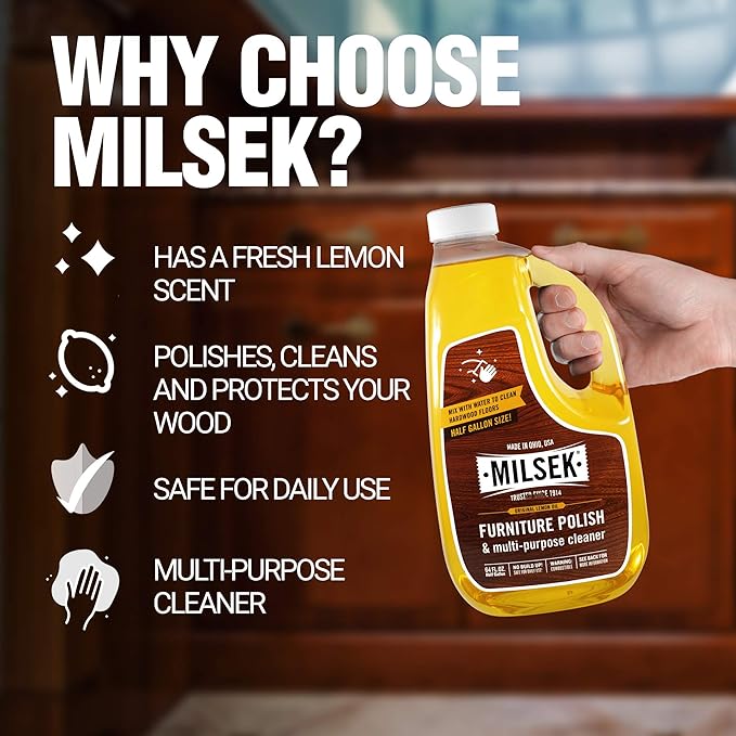 Milsek Furniture Polish and Wood Cleaner with Lemon Oil - Multipurpose Solution for Home Improvement from Hardwood Floors to Kitchen Cabinets - 64 Fl Oz (Pack of 1)