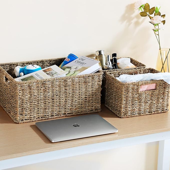 HOONEX Large Wicker Baskets for Storage, Seagrass Baskets with Dual Handles, Woven Baskets for Storage, Set of 3, Natural