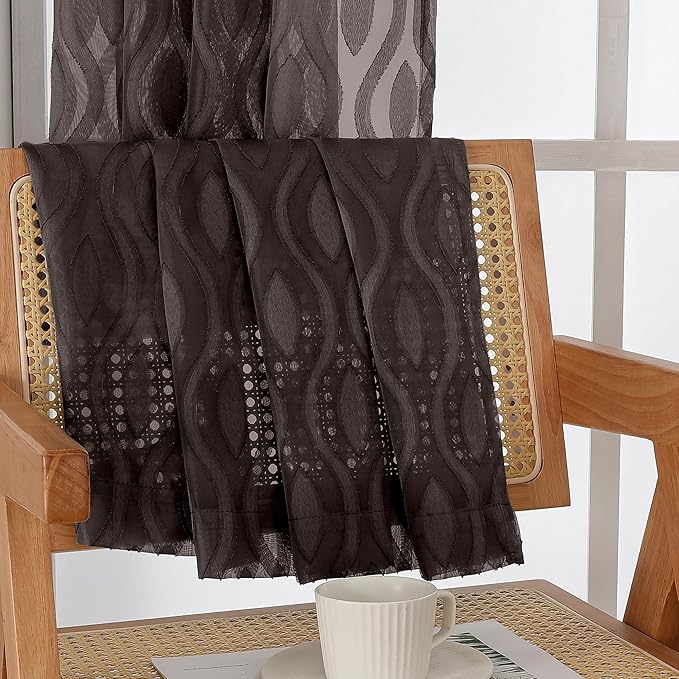 Aiyufeng Sheer Curtains 63 Inch Length 2 Panels Set, Solid Brown Light Filtering Voile Window Treatments for Bedroom Living Room, Modern Wavy Line Textured, 40" W X 63" L