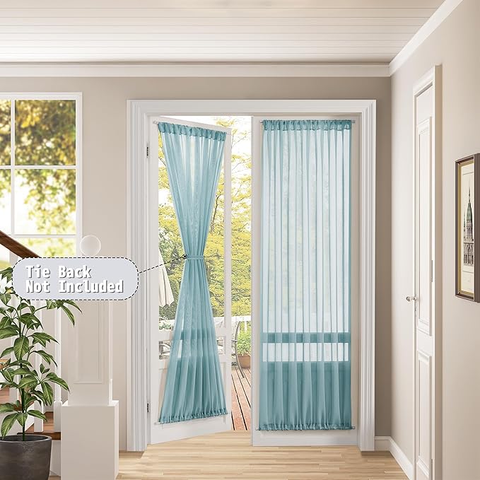 Tollpiz Sheer Door Curtain Closet Linen Textured Curtains Sheer Doorway Light Filtering Voile Patio Door Rod Pocket Curtain French Door, 54 x 72 inches Long, Dusty Blue, Set of 1 Panel