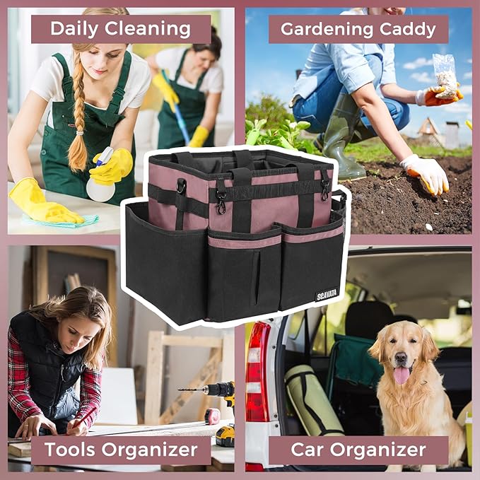 Compact Wearable Cleaning Caddy, Small Cleaning Caddy Supplies Organizer with Handle & Shoulder Straps for Housekeepers, Under Sink & Car Cleaning Tool Organizers Bag (LotusPink)