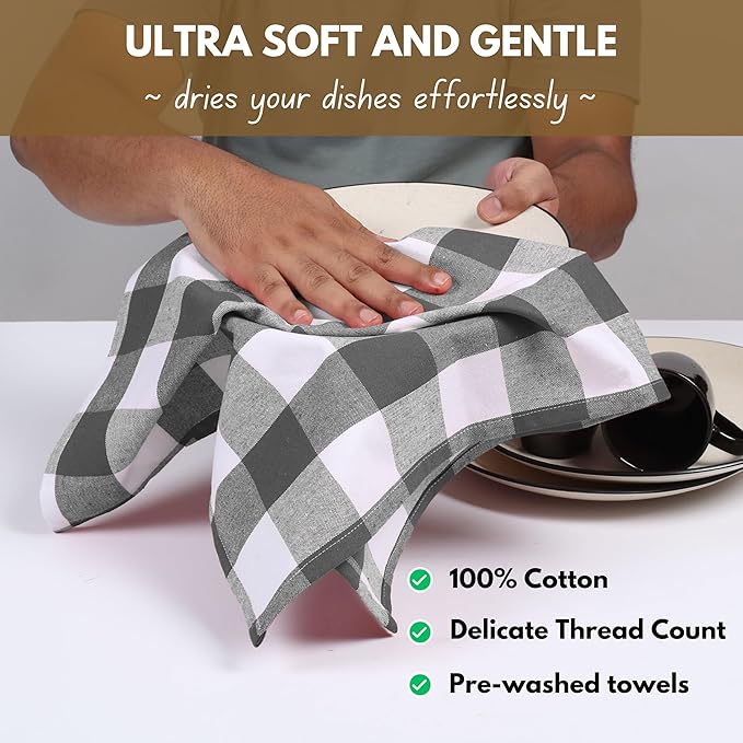 Native Fab 6-Pack Kitchen Towel with Hanging Loop 16x26 inches, Cotton Buffalo Check Kitchen Towels for Cleaning Drying, Washcloths Soft & Absorbent Cloth Rags, Bar Towel, Dish Cloth, Grey