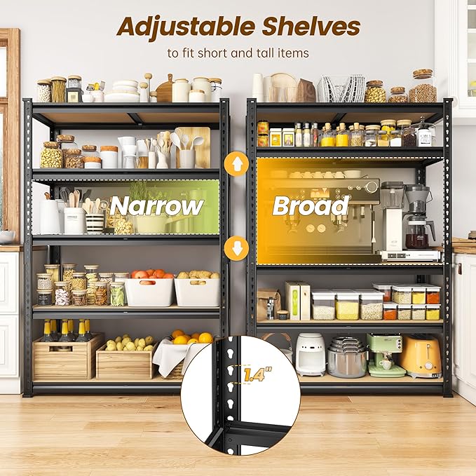 5-Tier Storage Shelves, 1980LBS Adjustable Pantry Shelves, Metal Shelving Unit for Kitchen, Pantry, Closet, Laundry, Garage, 72.06" H x 35.55" W x 15.76" D