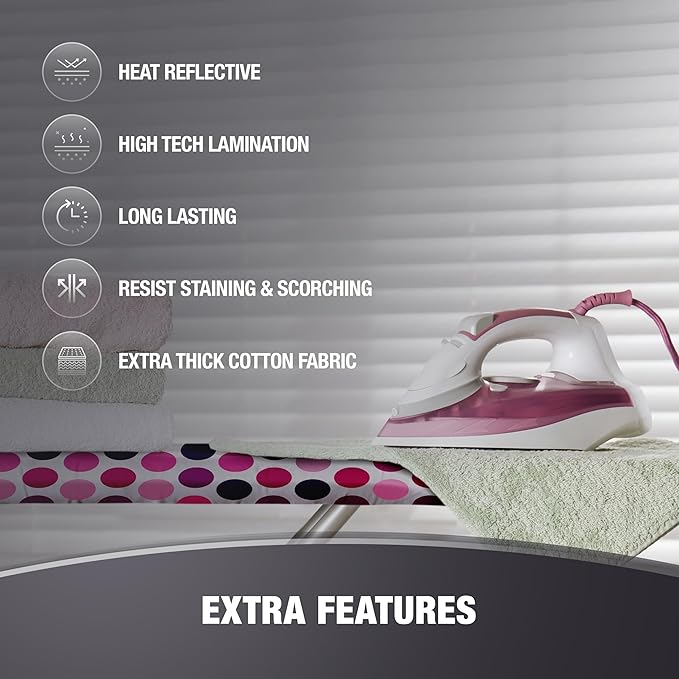 Extra Thick Ironing Board Covers with Pad Standard Size 15x54, Heat Reflective Full Scorch Resistant Padding, Snug Fit Non-Slip Nose Pocket Fastener Straps Elastic Edges, Polka Dots