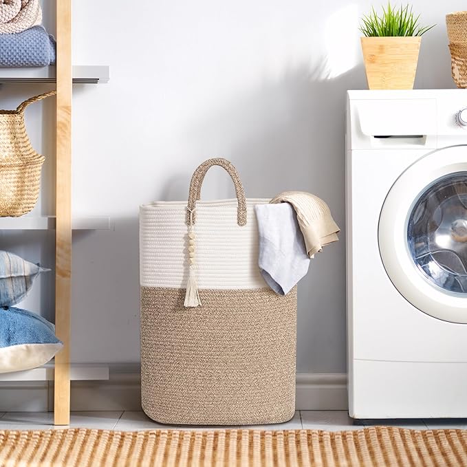 Woven Laundry Basket for Clothes, 80L Large Rectangle Laundry Hampers with Beads Tassel, Nursery Storage Basket for Toys, Tall Dirty Clothes Hamper for Bedroom Aesthetic, Laundry Room Organization