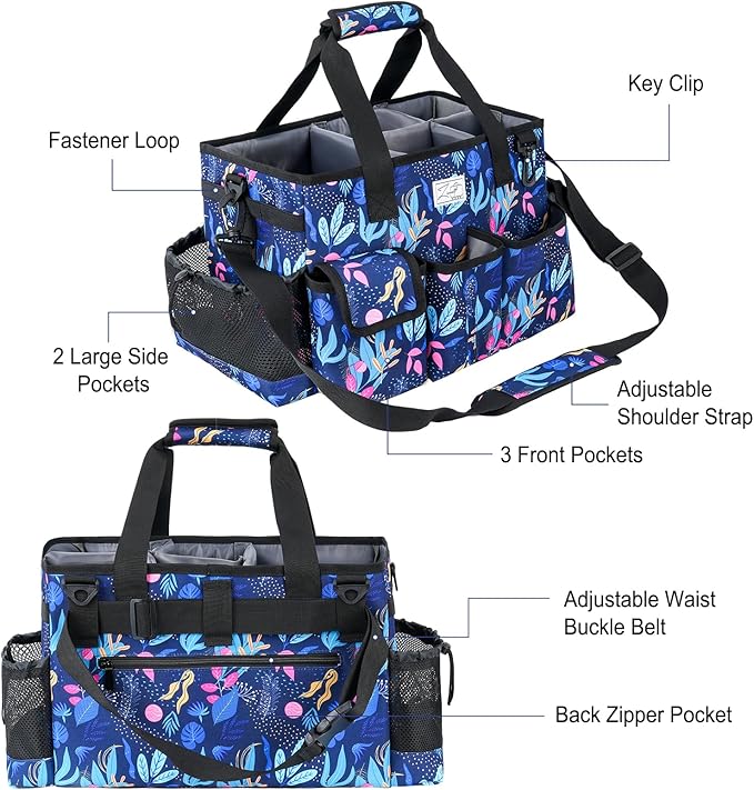 Cleaning Organizer, Large Caddy Bag for Supplies, Housekeeper's Bag with Handle (Blue Leaf)