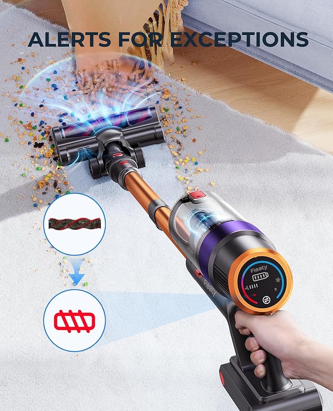 Fieety Cordless Vacuum Cleaner, 550W 45KPA Cordless Stick Vacuum Cleaner with 60Mins Rechargeable Battery, LED Touch Display, Handheld Vacuum Cleaners for Home/Pet Hair/Carpets/Floors