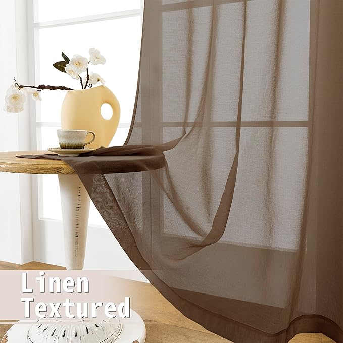 Tollpiz Small Sheer Door Curtain Closet Linen Textured Curtain Sheers Doorway Light Filtering Voile French Door Rod Pocket Curtains Patio Glass Door, 25 x 40 inches Long, Brown, Set of 1 Panel