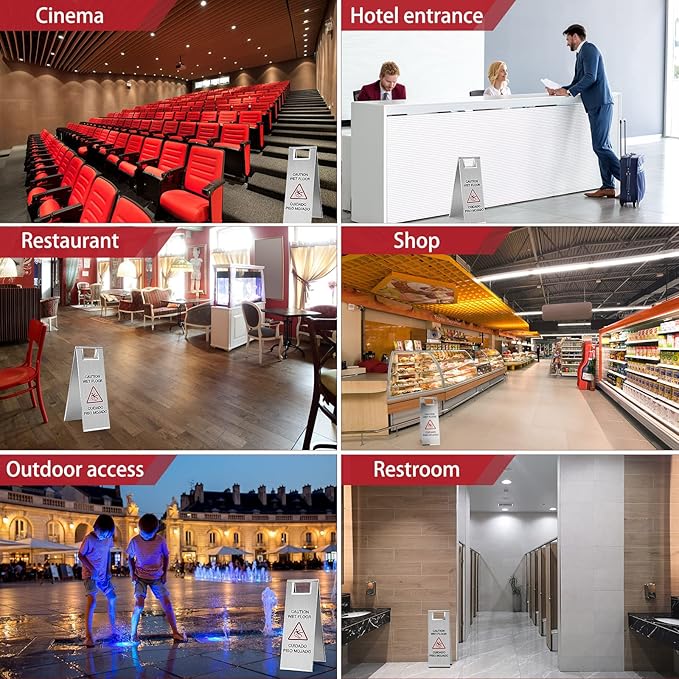 LEIFIDE 4 Pcs Stainless Steel Wet Floor Caution Sign Bulk 8.8 Pound Portable Foldable Handle Bilingual Safety Sign for Kitchen Restaurant Shop Commercial Use Avoid Fall and Slip Accident (Silver)