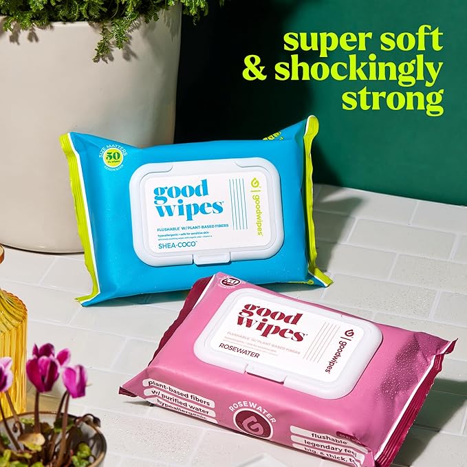goodwipes Flushable Butt Wipes - Vitamin E & Aloe - Sewer & Septic Safe - Extra Large Adult Wet Wipes For Women & Men - Bathroom Essentials - Shea Coco, 318 Count (6 Packs + 1 Travel)