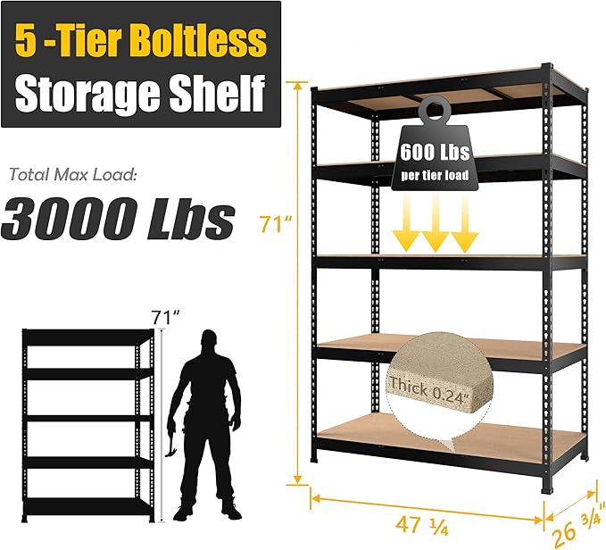 PrimeZone 48" x 24" x 72" Heavy Duty 5 Tier Adjustable Garage Storage Shelving, Metal Utility Rack Shelf Unit for Warehouse Pantry Closet Kitchen, Black, 5 Pack