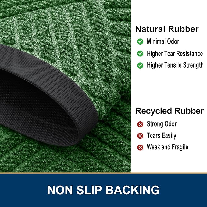 Smiry Front Door Mat Outside Entrance, Heavy Duty Outdoor Indoor Natural Rubber Doormat, Non Slip, Trap Dirt and Moisture, Easy Clean, Low Profile Patio Porch Entryway Mat, 29.5x17, Green